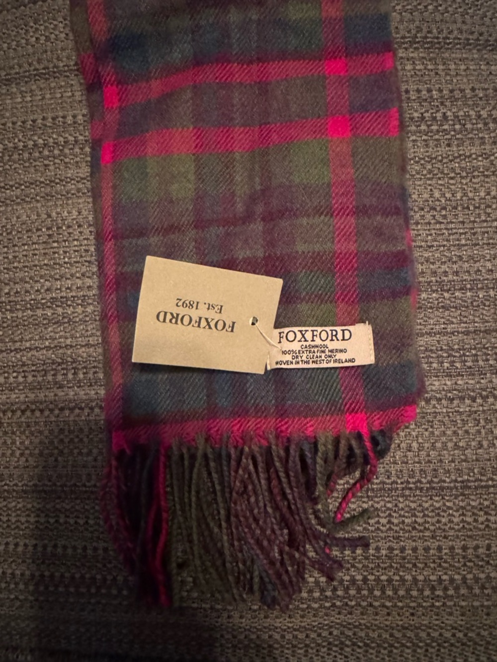 Foxford NWT Green & Pink Plaid Wool Scarf